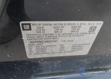 2017 Chevrolet Silverado 1500 1Lt z USA, uszkodzony, nr VIN 3GCPCREC1HG321341